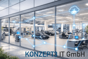 Ein Autohaus mit virtuellen Linien, die zeigen, wie die IT vernetzt ist.