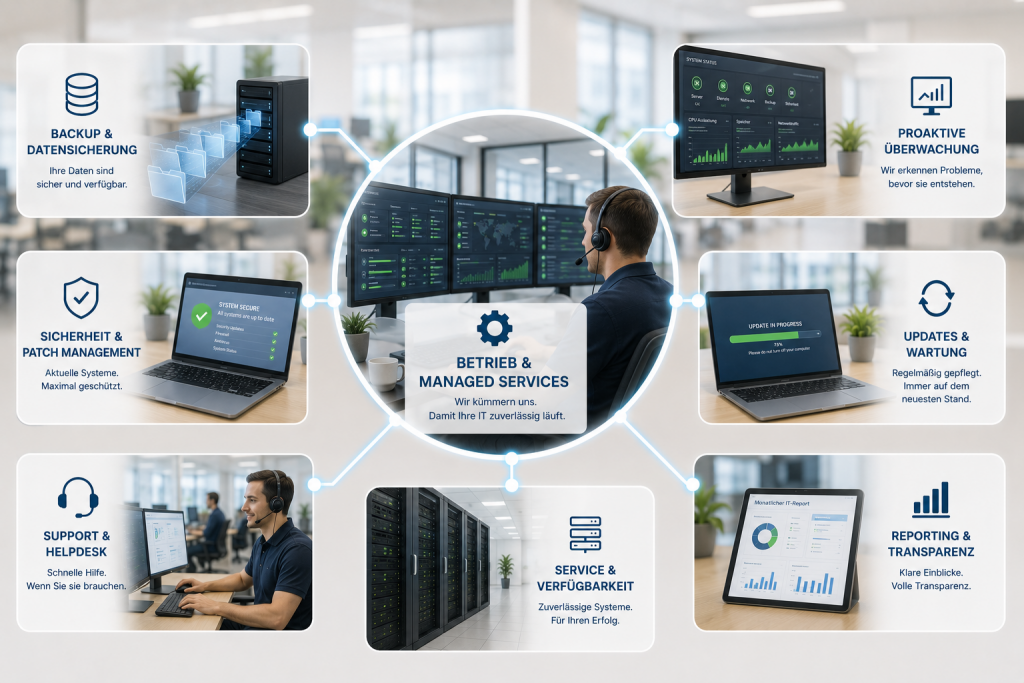 Grafik zur Darstellung von Managed Services für Datacenter- und Cloud-Lösungen mit Backup, Systemüberwachung, Wartung, Updates, IT-Sicherheit, Support und Reporting.
