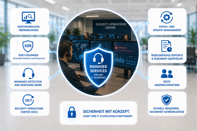 Die Abbildung zeigt Managed Security Services mit kontinuierlicher Überwachung, XDR- und MDR-Lösungen, Security Operations Center (SOC), Patch-Management, festen Ansprechpartnern und regelmäßigen Sicherheitsberichten.