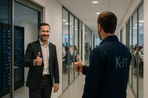 Ein zufriedener Kunde nach einem erfolgreichen Technikereinsatz. Daumen hoch.