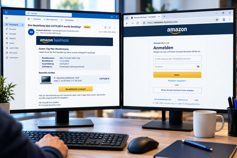 An einem Arbeitsplatz mit zwei Monitoren wird eiin Phishing Versuch angezeigt, links die Phising-Mail, rechts die gefälschte Anmeldeseite.